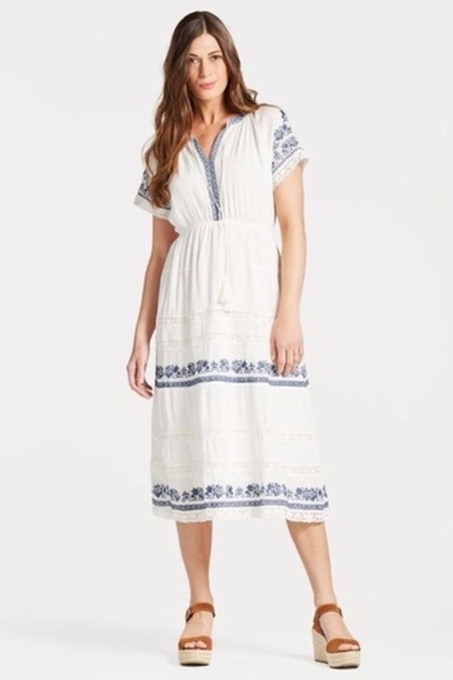 Blue Tassel White Blue Embroidered Tiered Midi Boho Dress Size Large